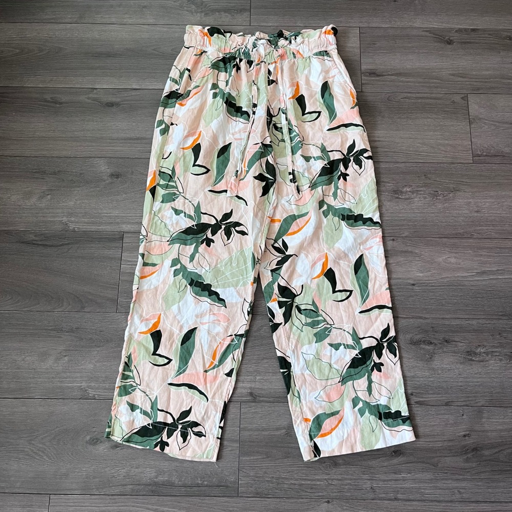 Nicole Miller New York Tropical Linen Blend Paperbag Waist Pants Large Floral